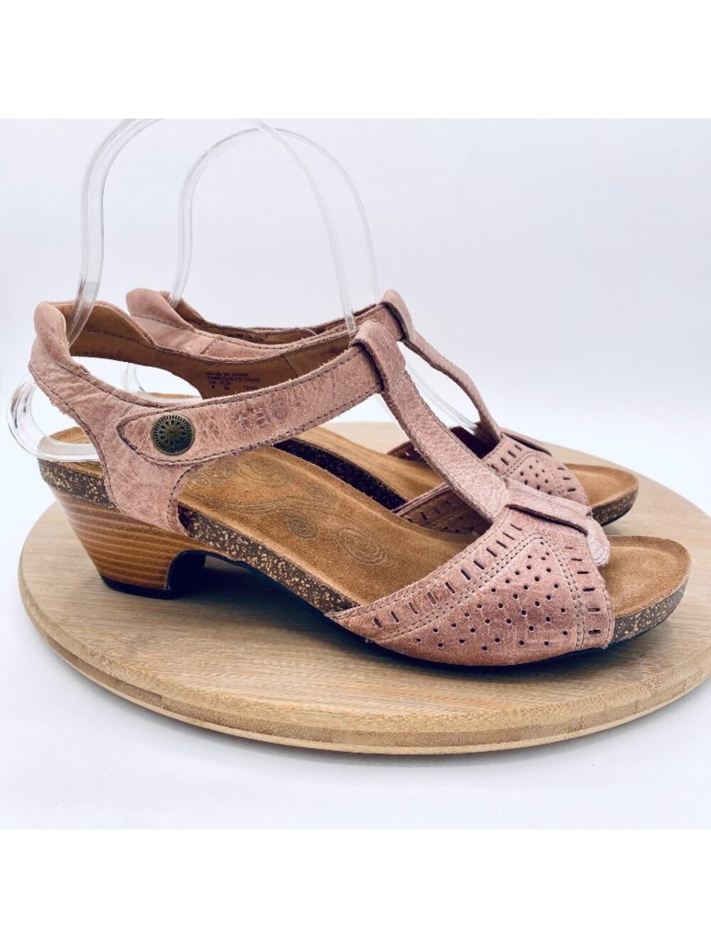 Taos Footwear Pink Suede T-Strap Wedge Sandals